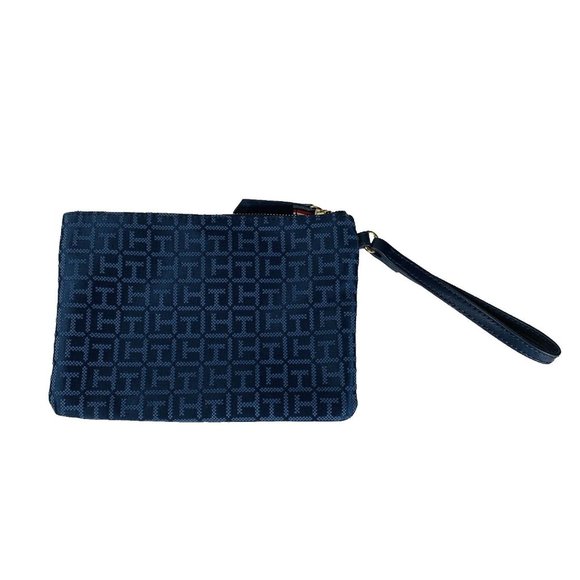 Tommy Hilfiger Womens Wristlet Makeup Bag Wallet Navy Blue TH Monogram Jacquard - Picture 2 of 11